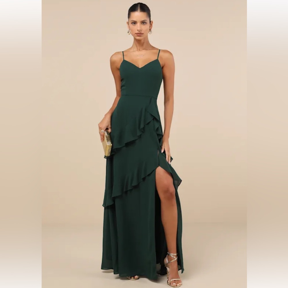 NWT Lulus Blessed with Beauty Forest Green Ruffled Sleeveless Maxi Dress
